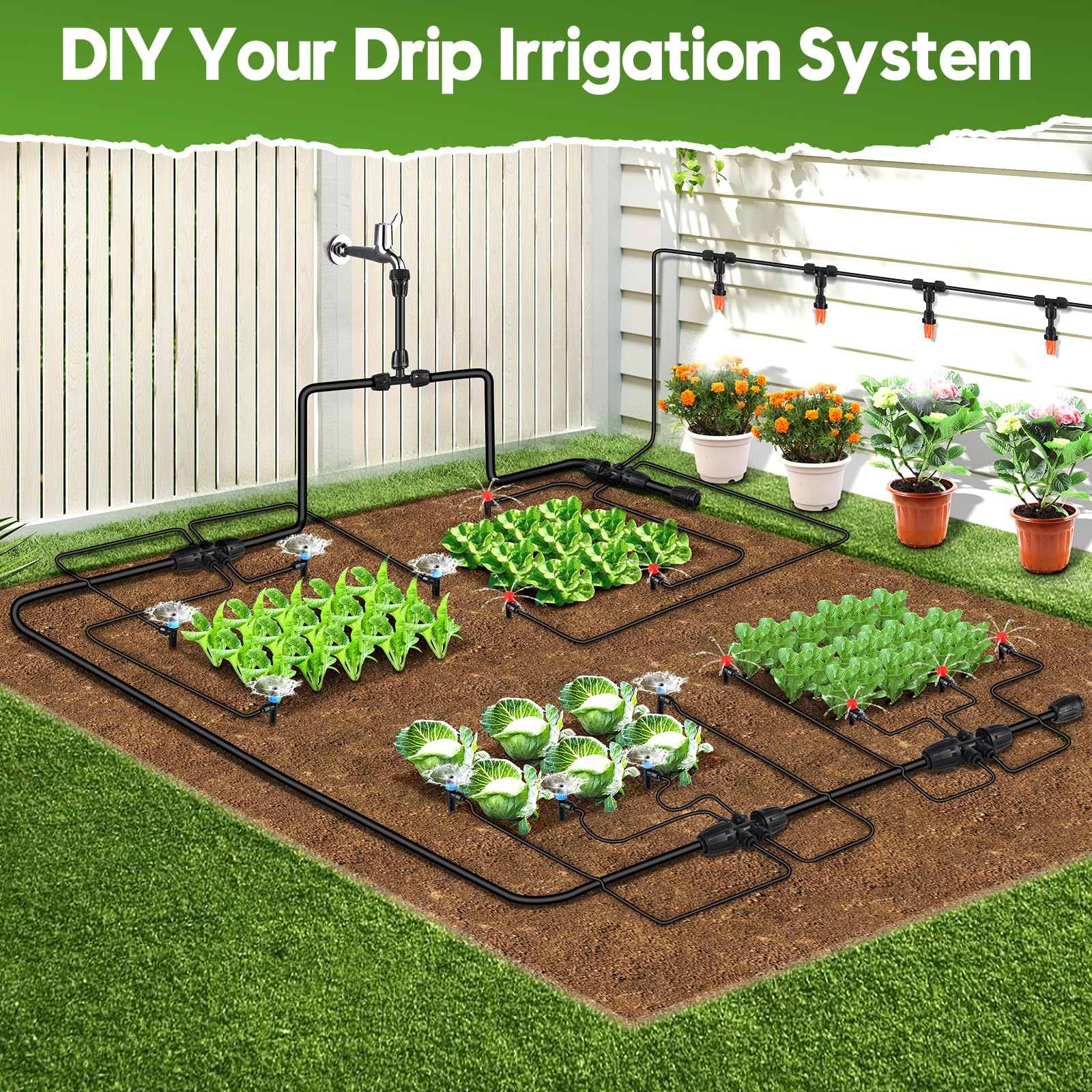 PUUKU tubing beside garden tools showing scale and easy installation