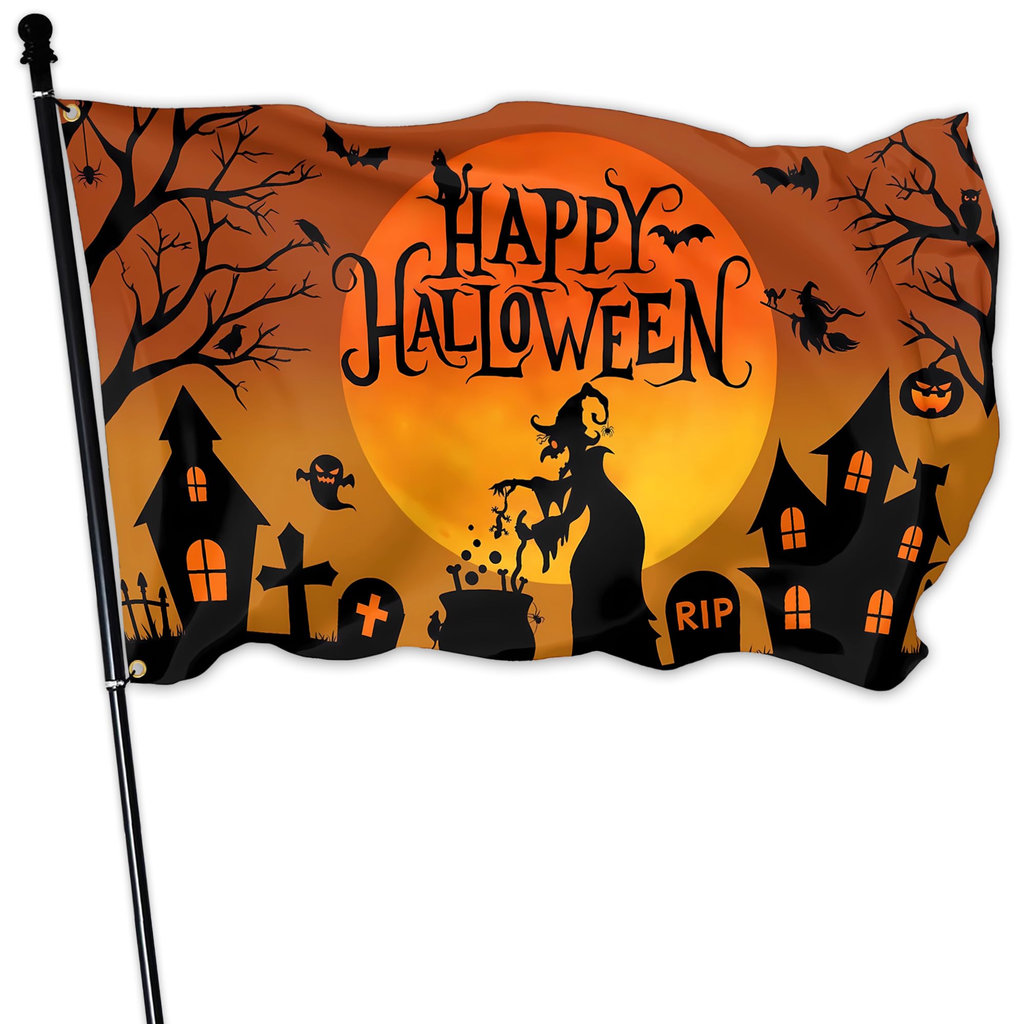 Pziauot front view of witch and haunted mansion flag, adds spooky curb appeal