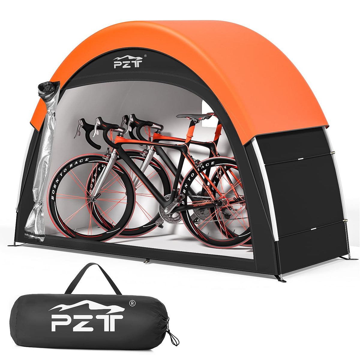 PZT bike tent front view showing full coverage and quick setup benefit