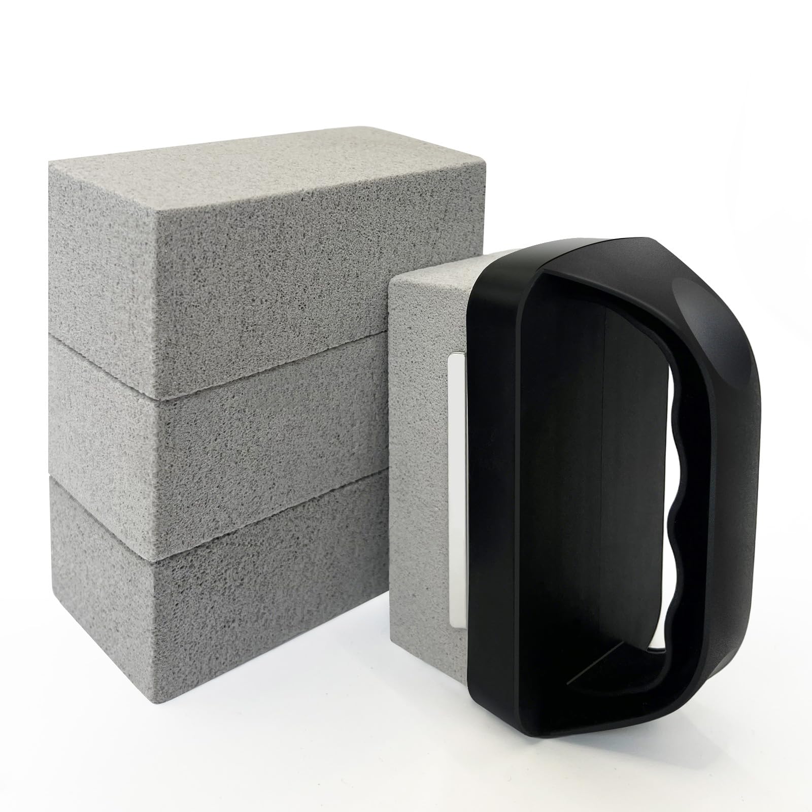 Qeykizy front packaging showing five pumice grill stones and handle benefiting easy storage