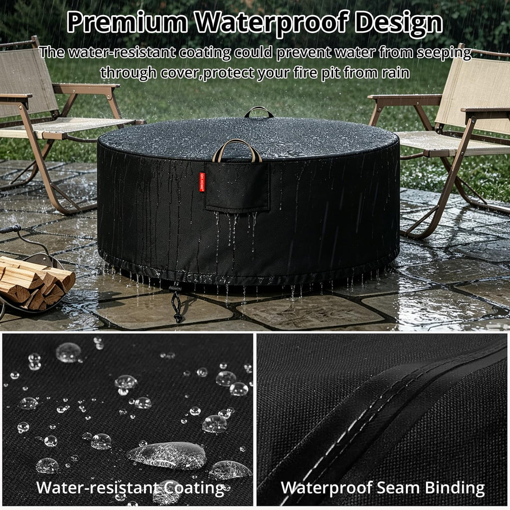 QH.HOME cover secured on round fire pit showing snug fit and straps