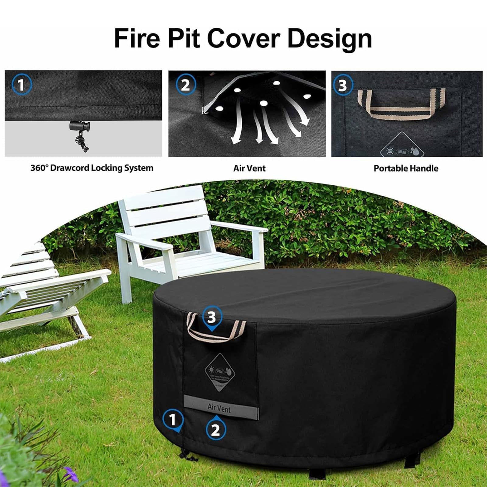 QH.HOME cover on patio setting protecting fire pit from sun and debris