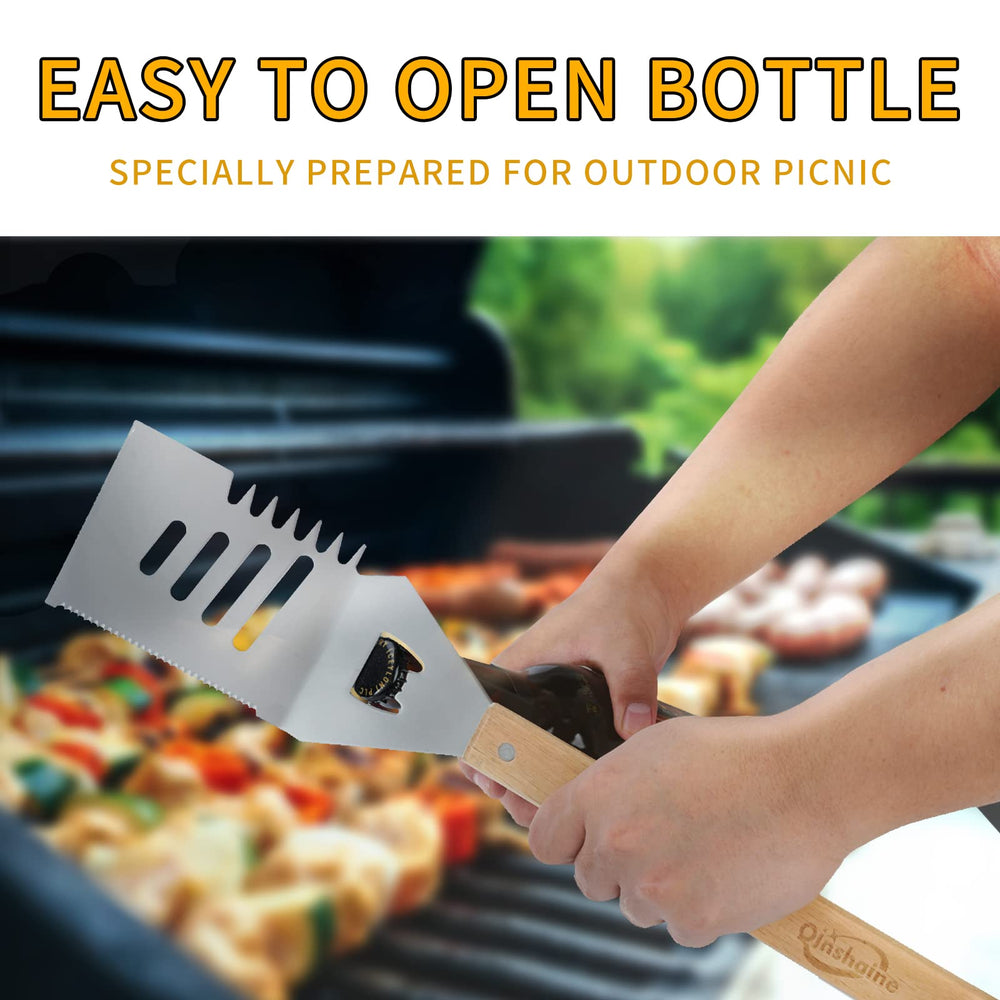Qinshaine spatula in use flipping burgers on a grill for easier cooking