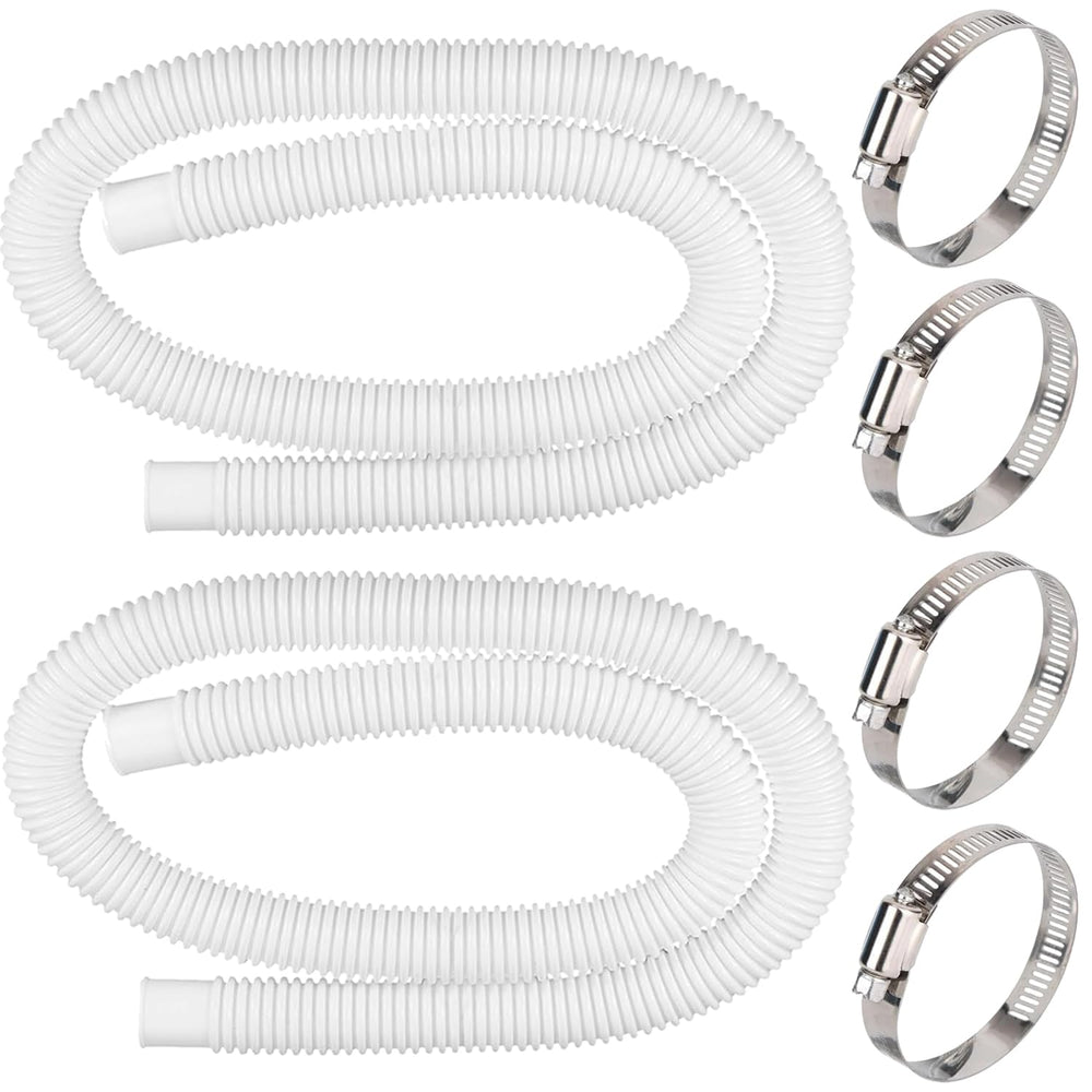 Qloby front packaging showing two white replacement pool hoses and clamps for easy replacement