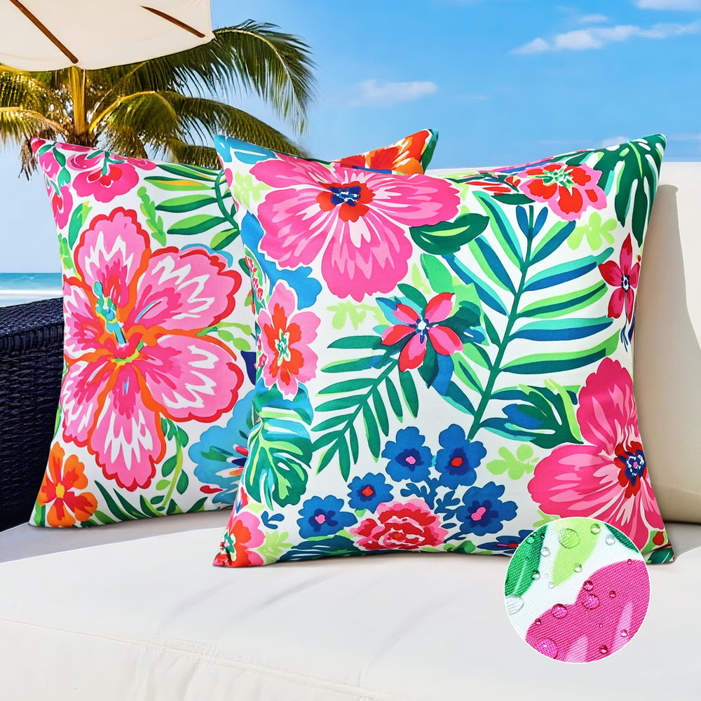 QoBexim front view showing tropical pink floral covers enhancing patio seating
