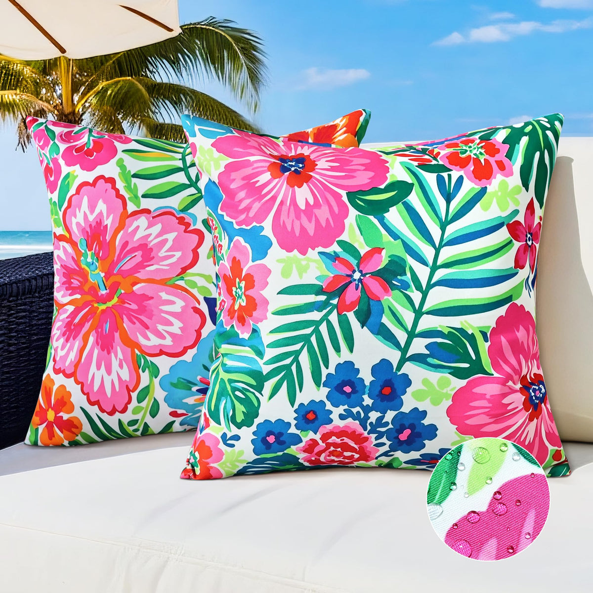 QoBexim front view showing tropical pink floral covers enhancing patio seating