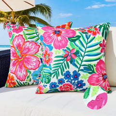 QoBexim front view showing tropical pink floral covers enhancing patio seating