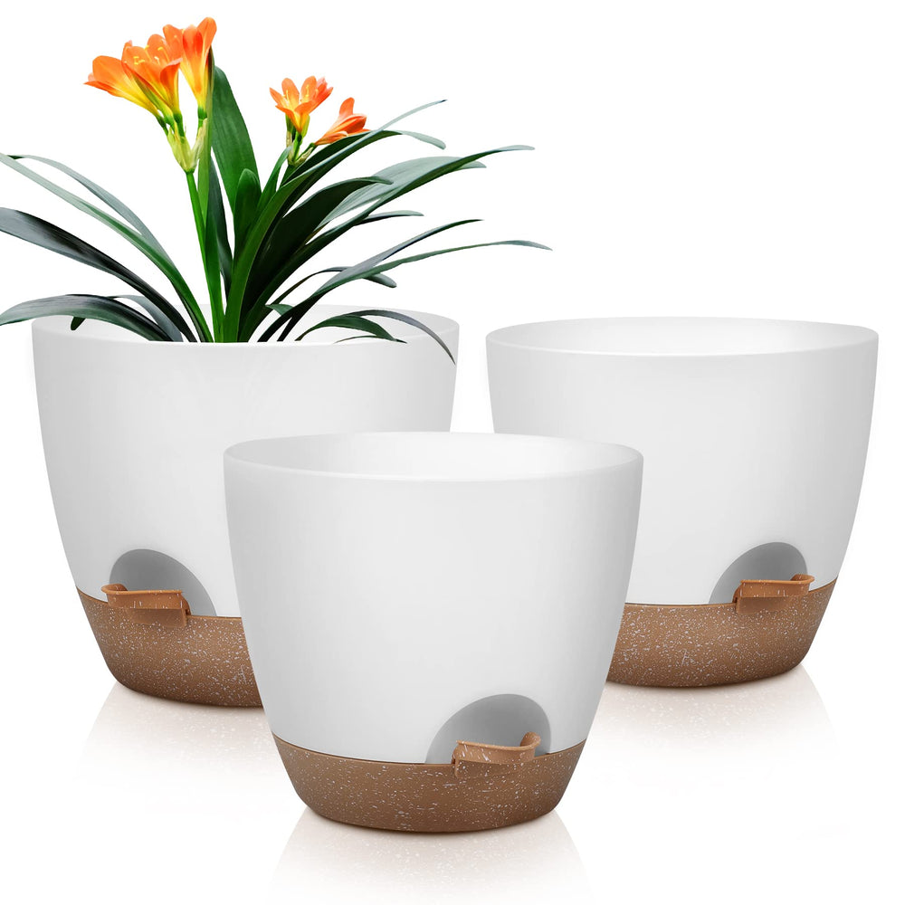 QRRICA front view of three white self-watering pots showing sizes and saucers benefit easy styling