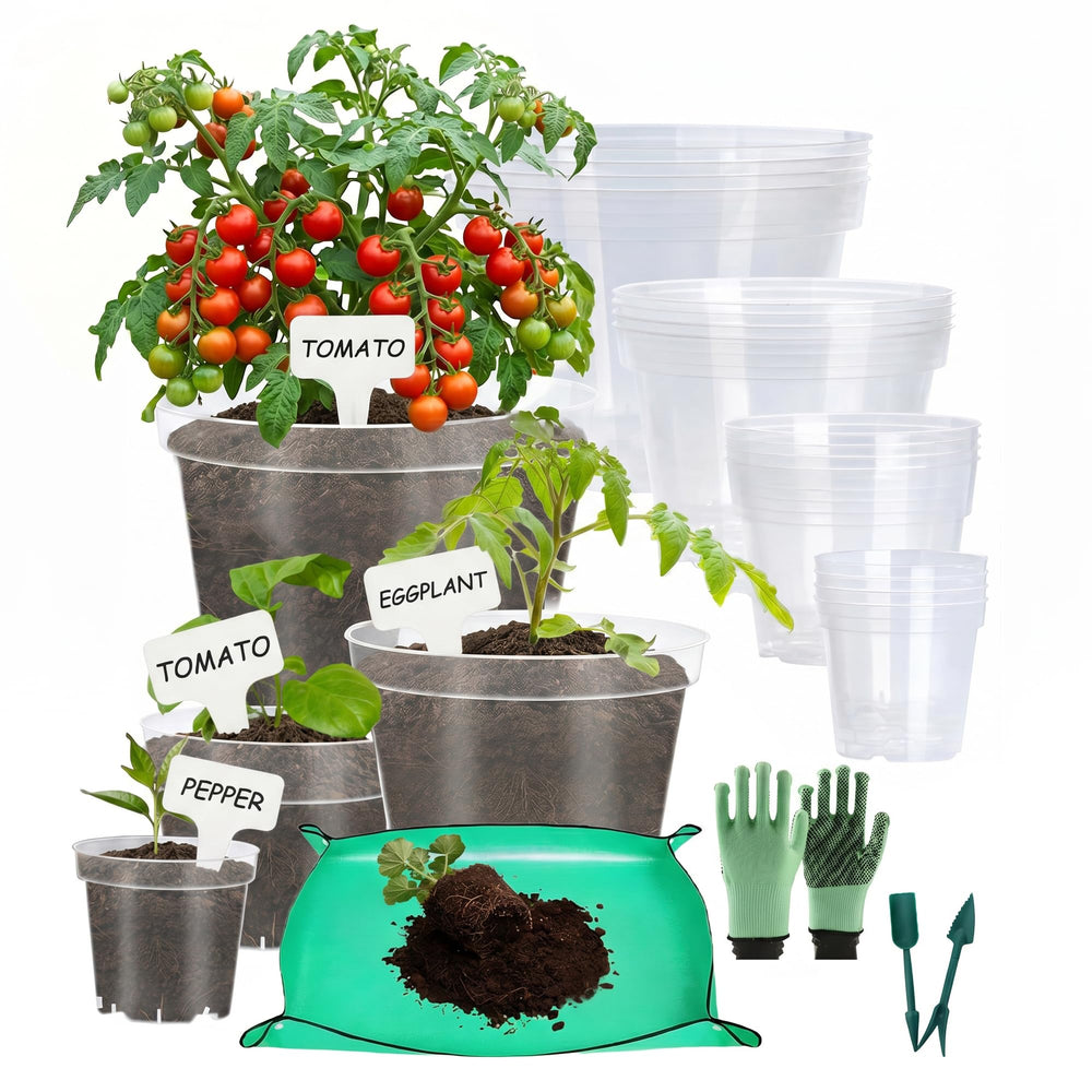 QTQIHANG front view of 16-pack clear nursery pots showing sizes and set value