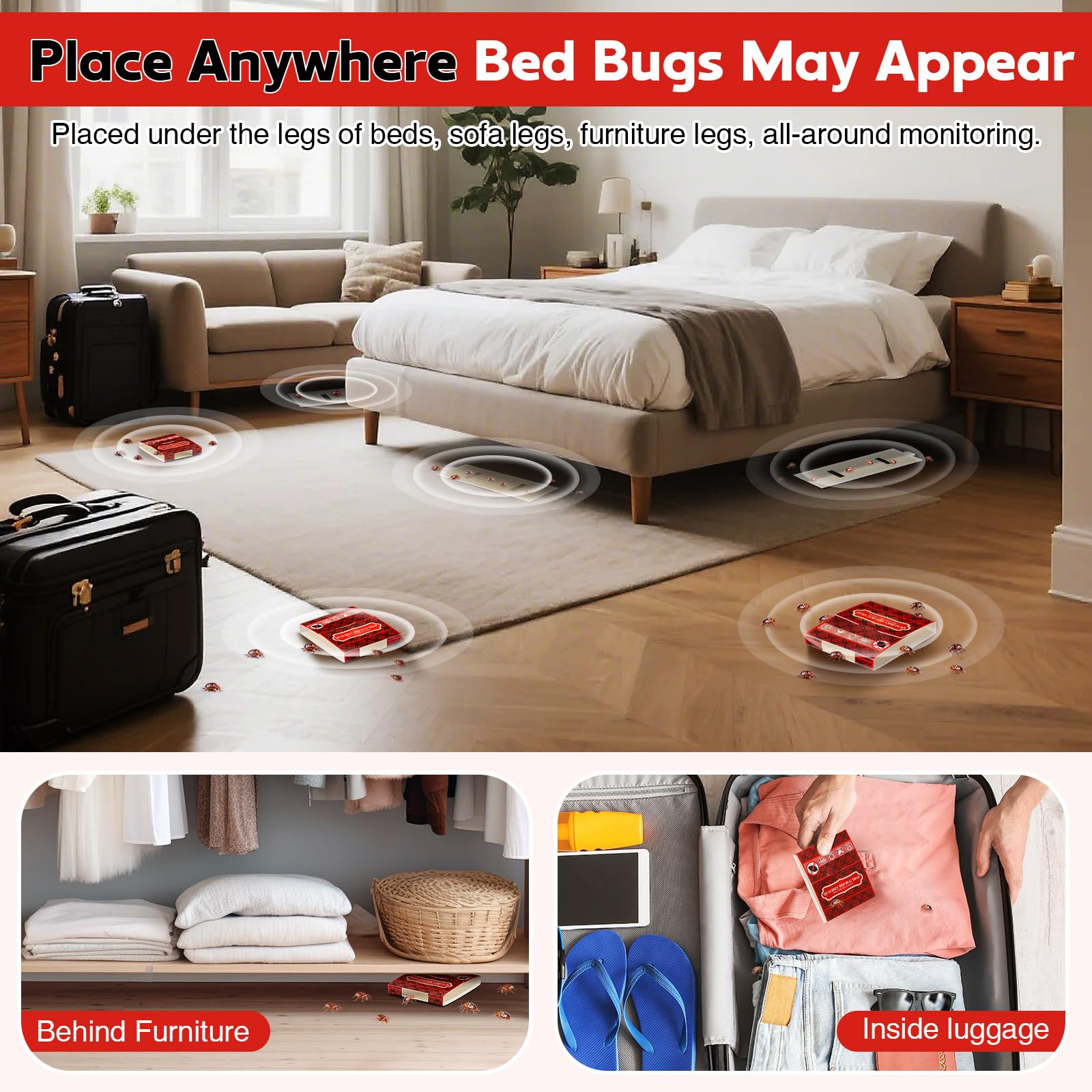 Qualirey trap placed under a bed leg demonstrating discreet detection and continuous monitoring benefit