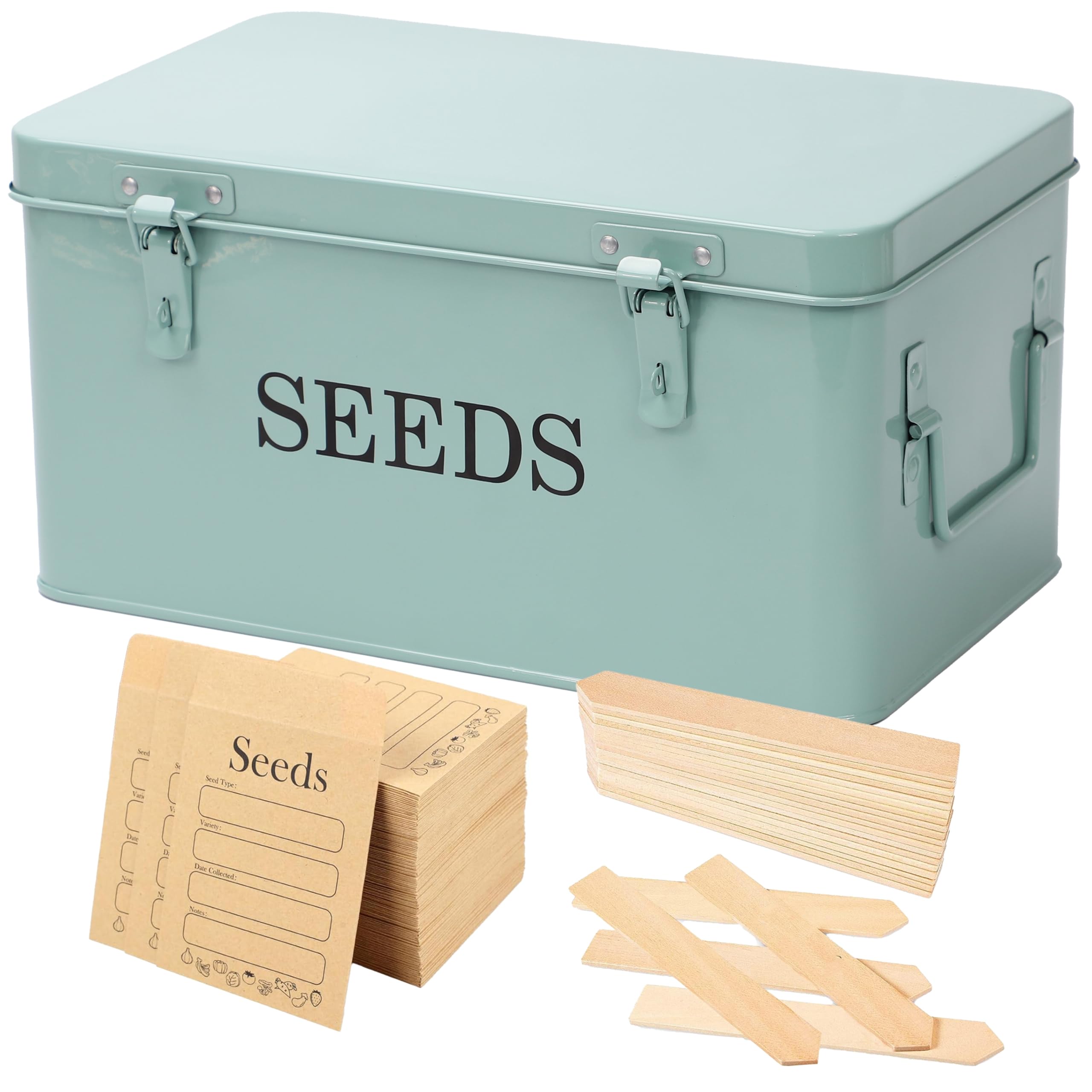 QUILIVIK front view of closed green seed box showing durable finish and neat storage benefit