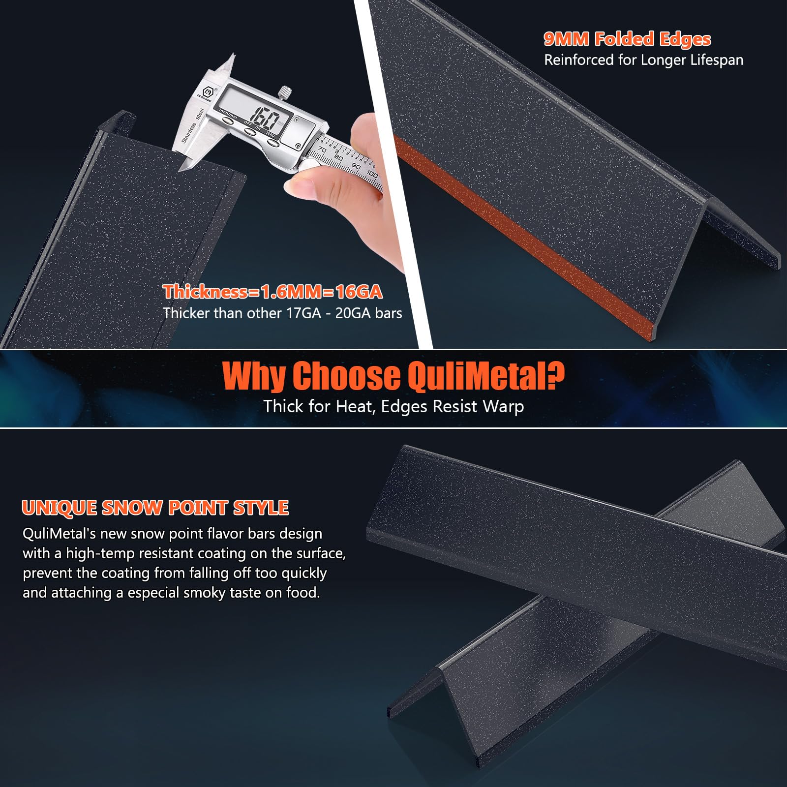 QuliMetal edge detail showing 16GA thickness compared to thinner bars for improved stability