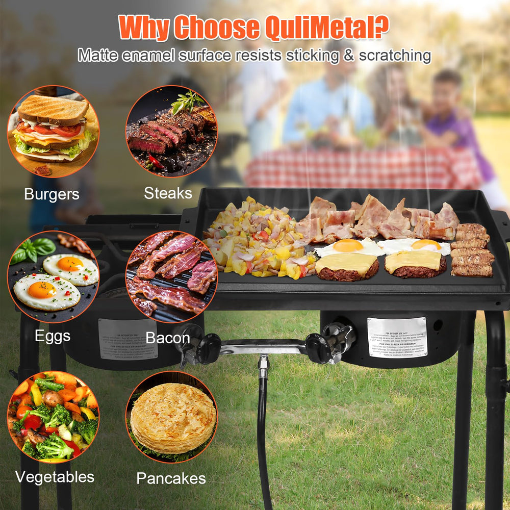 QuliMetal griddle in backyard breakfast scene for large-group cooking