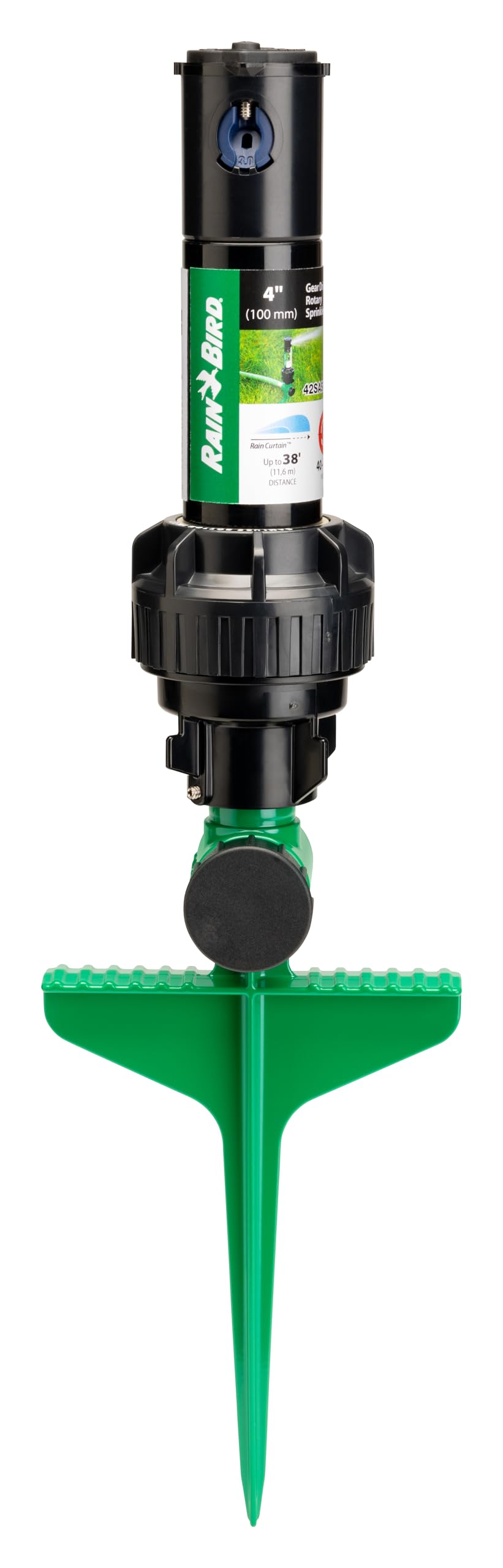Rain Bird front view on spike showing stable placement and easy hookup
