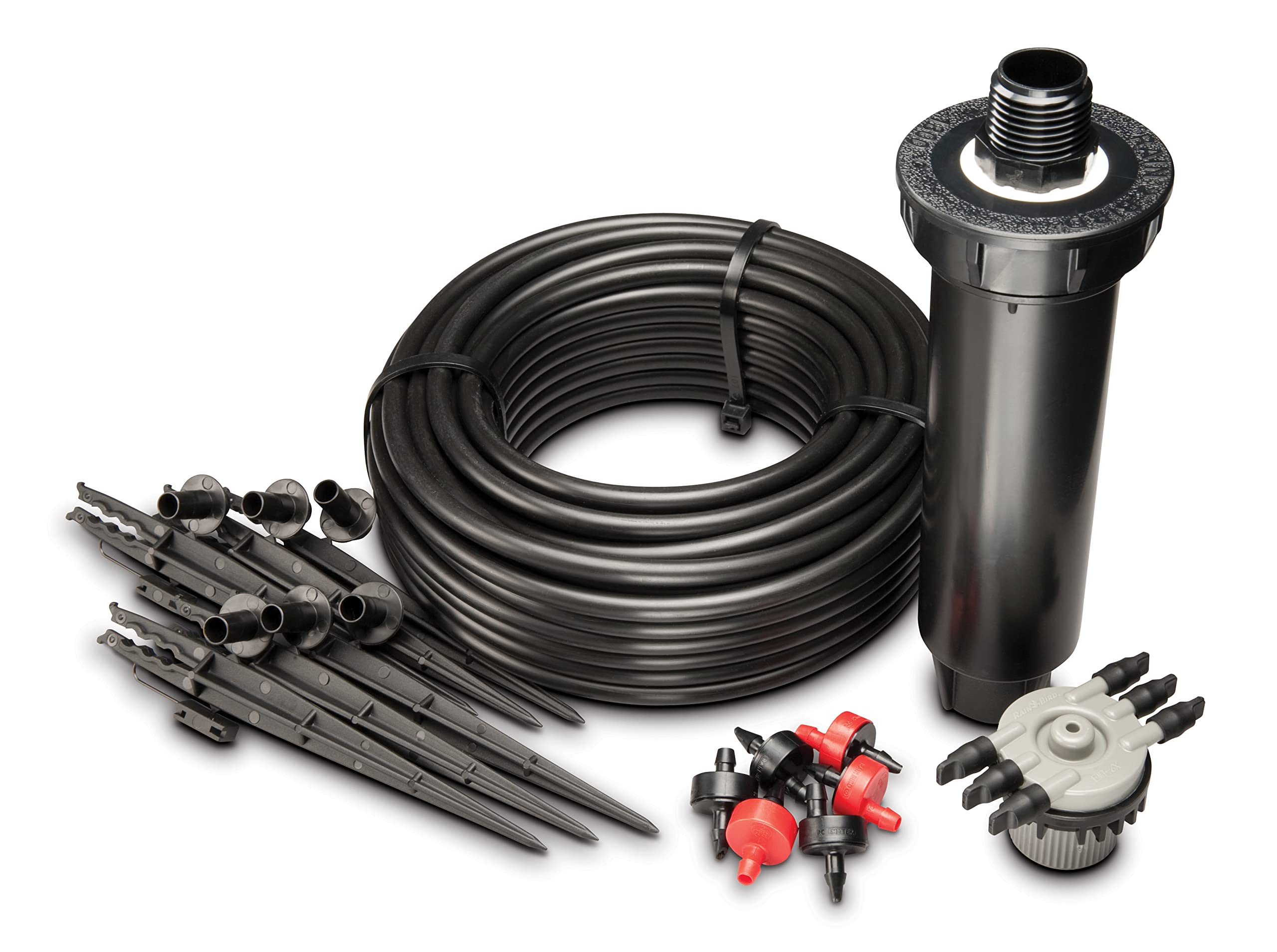 Rain Bird kit contents laid out to display all included parts for quick setup