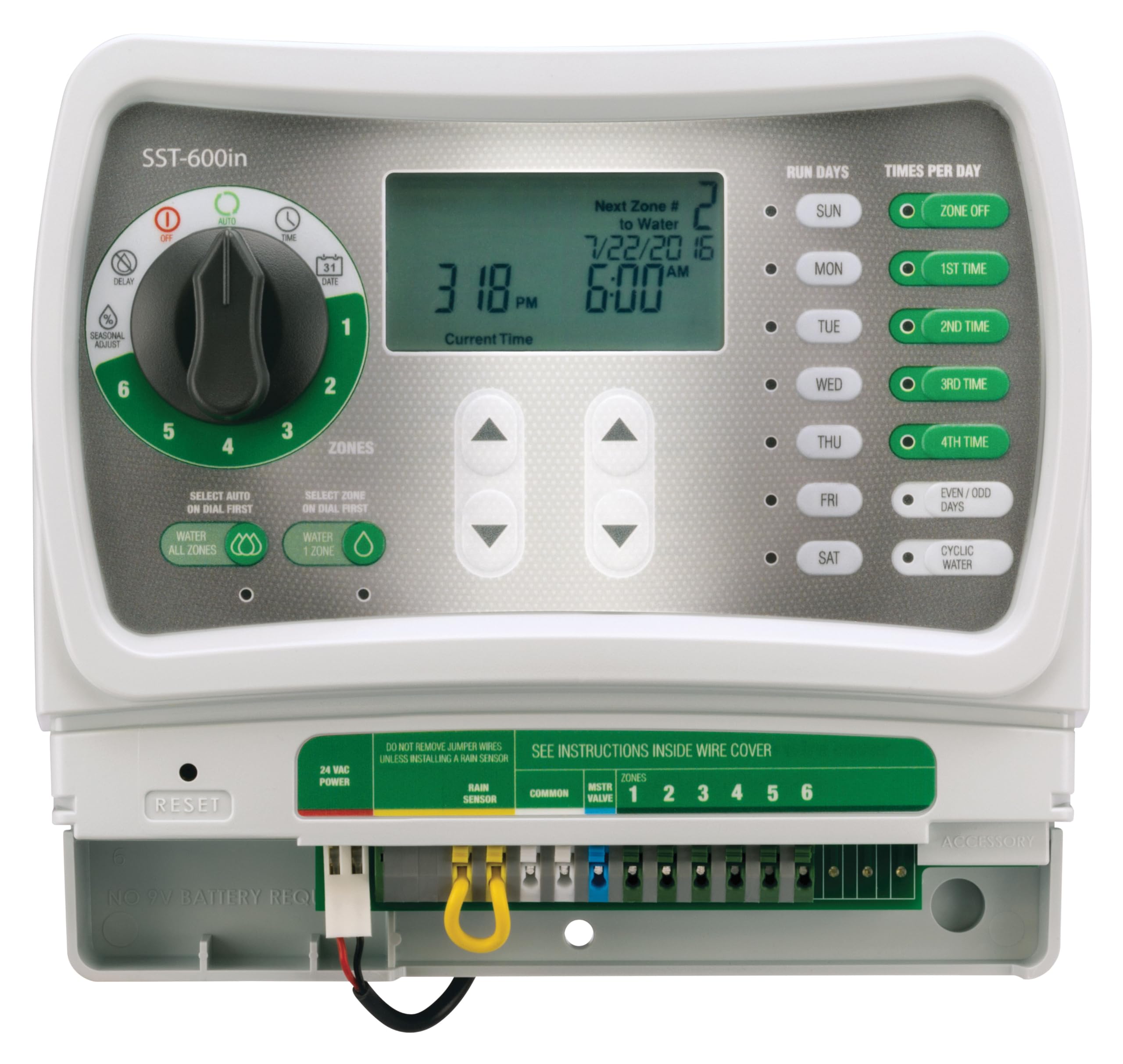 Rain Bird SST600IN LCD close-up with LED indicators for quick status checks