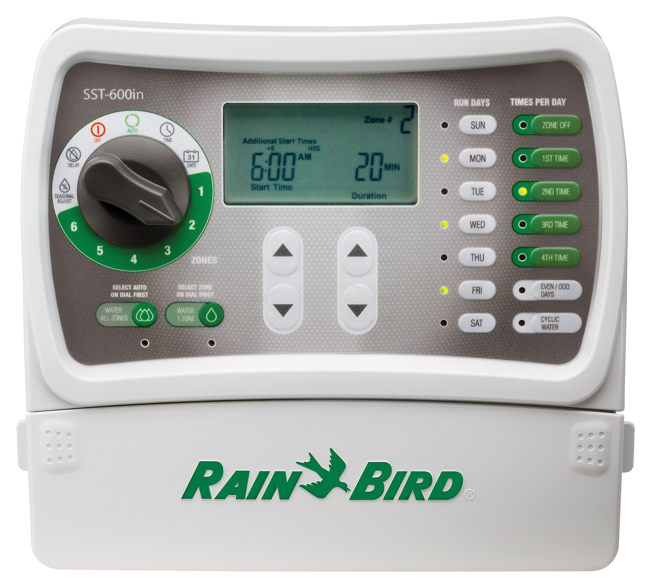 Rain Bird SST600IN front panel showing dial and six-station layout for easy control