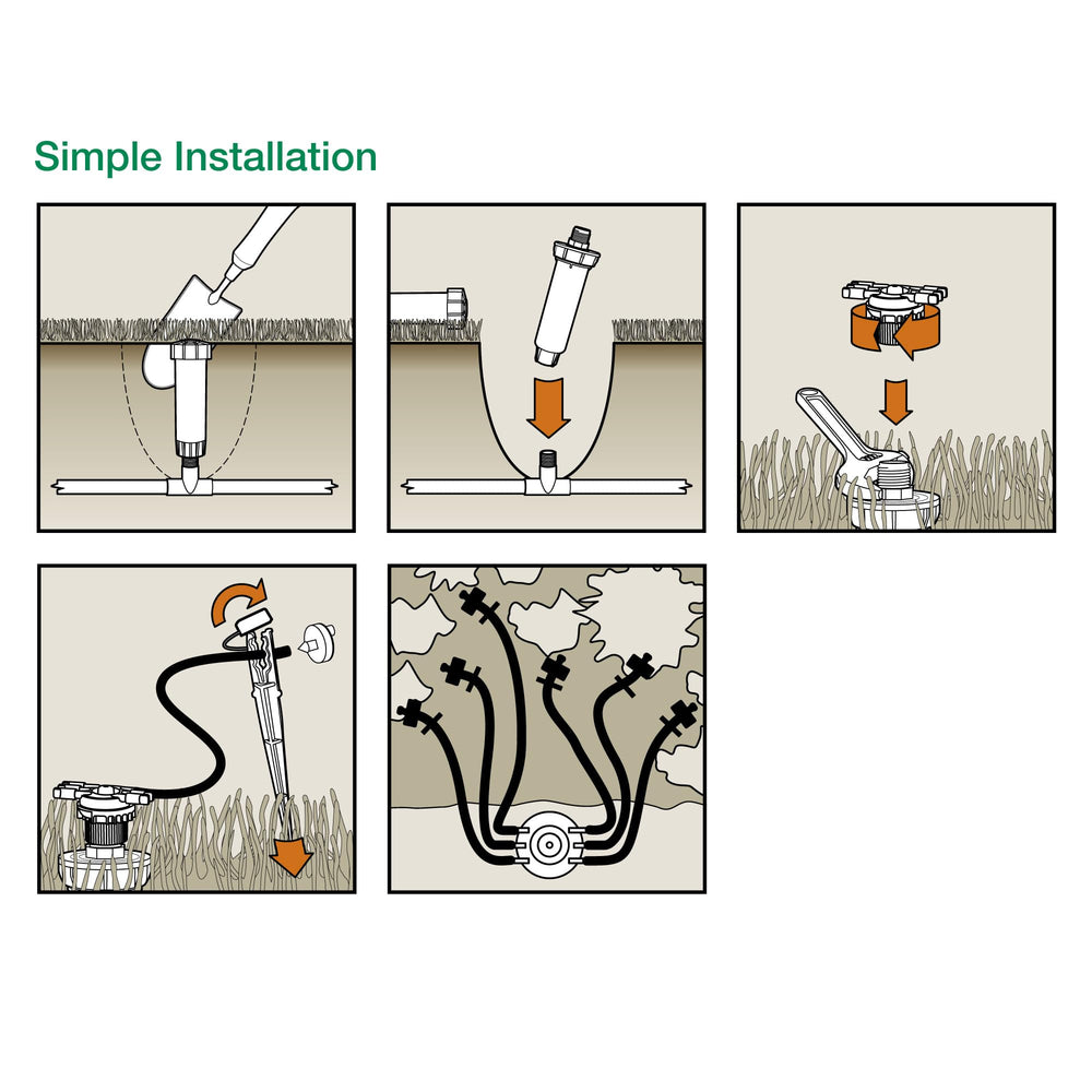 Rain Bird tubing secured by stake delivering water precisely to the root zone
