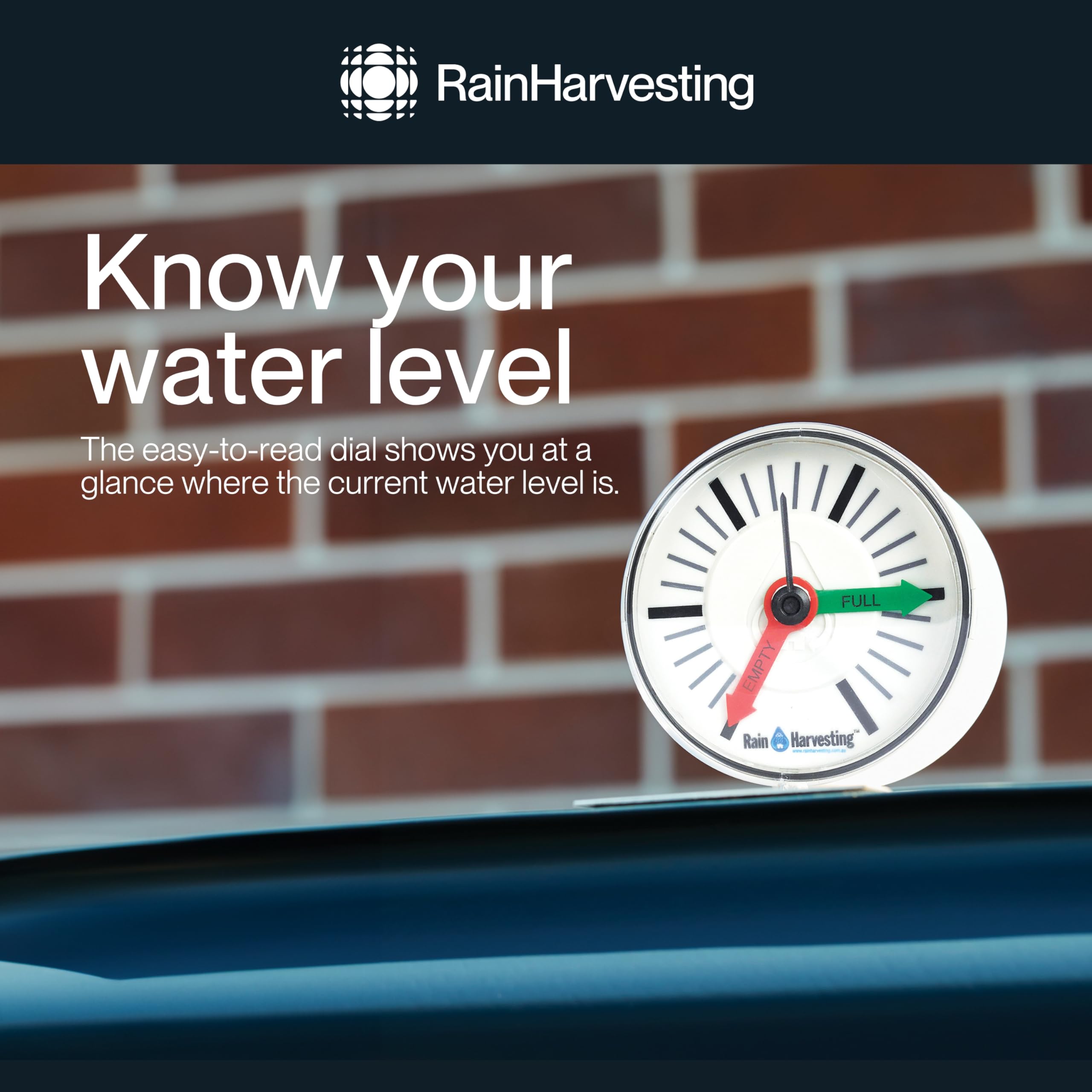 Rain Harvesting Tank Gauge close-up of dial with Empty and Full indicators for easy reading