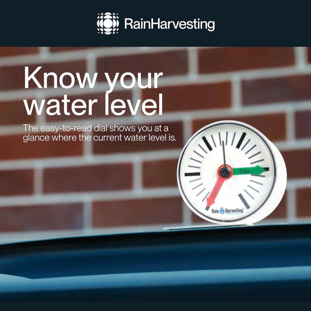 Rain Harvesting Tank Gauge close-up of dial with Empty and Full indicators for easy reading