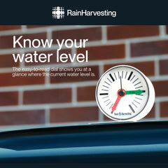 Rain Harvesting Tank Gauge close-up of dial with Empty and Full indicators for easy reading