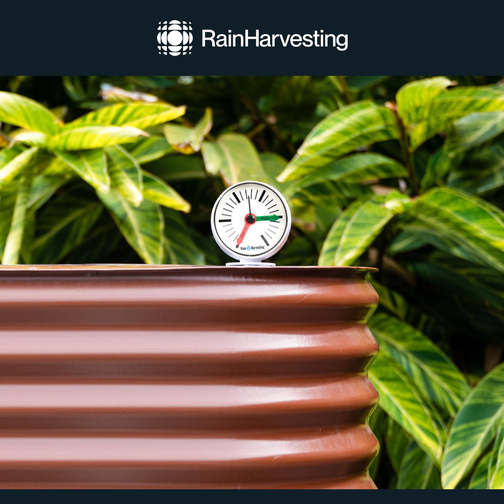 Rain Harvesting Tank Gauge in a garden setting helping manage collected rainwater efficiently