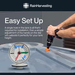 Rain Harvesting Tank Gauge installed on a tank top demonstrating simple single-hole mounting