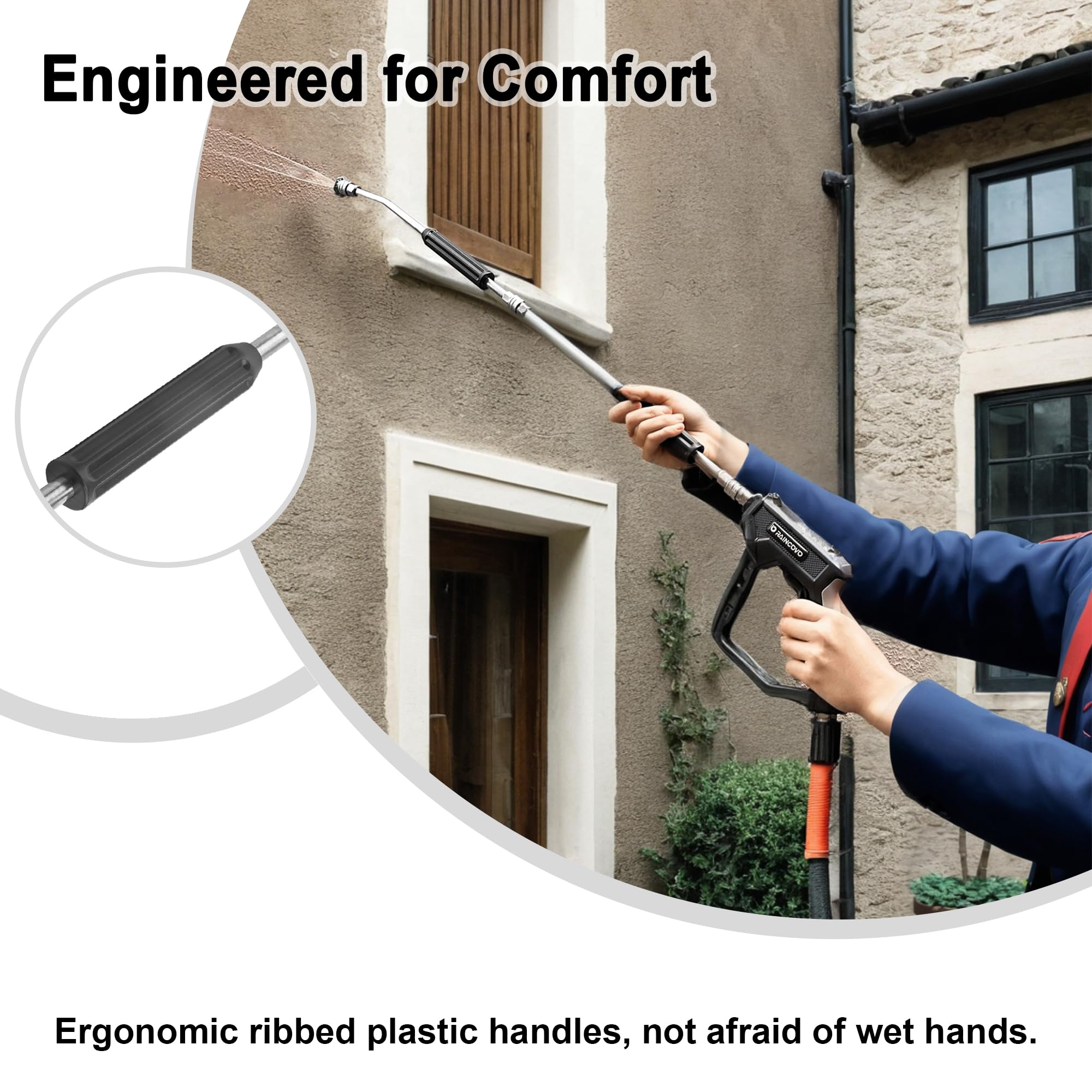Raincovo quick-connect fitting close-up demonstrating fast attachment benefit
