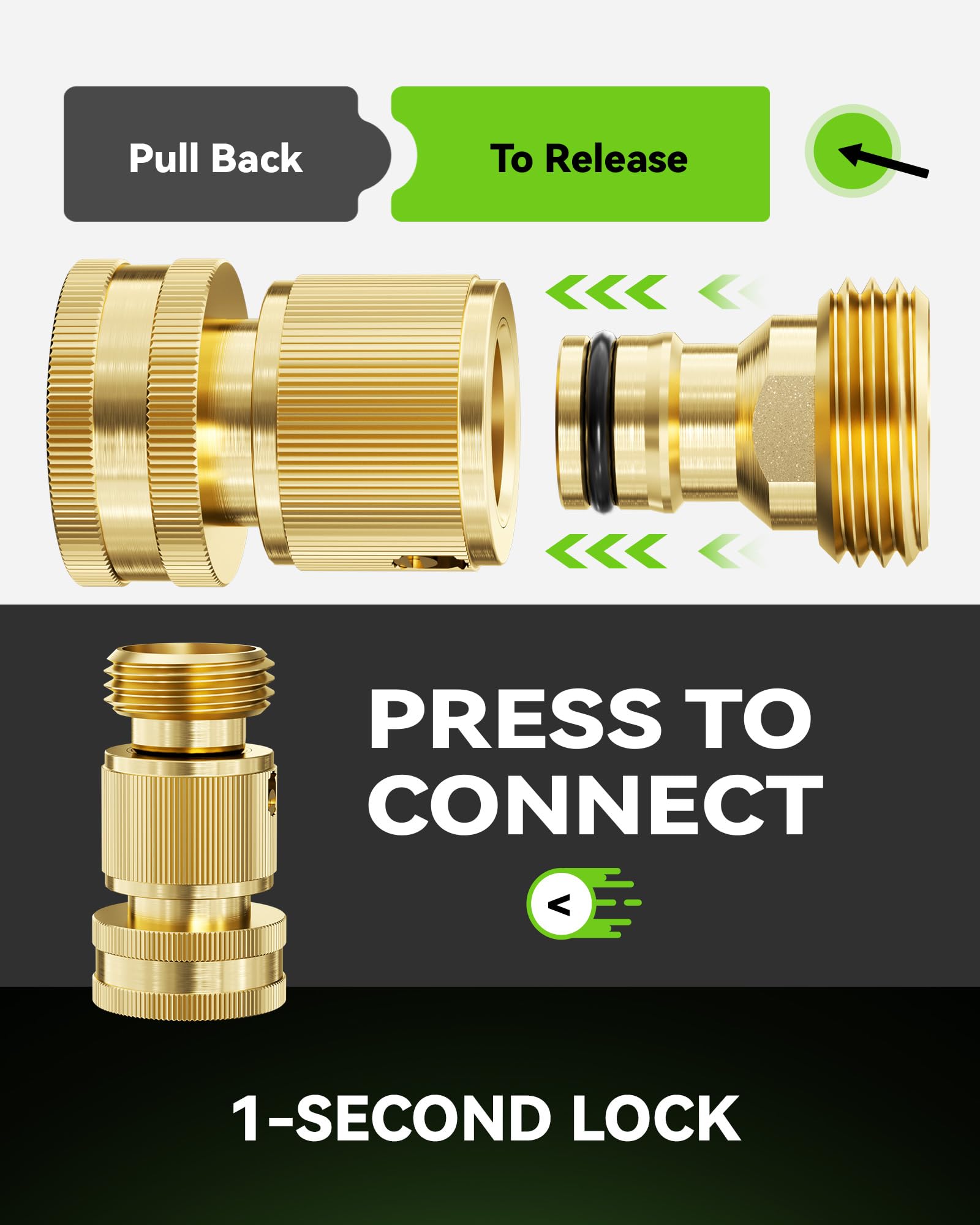 RAINPOINT hose connected to spigot with quick connect showing fast one-hand use