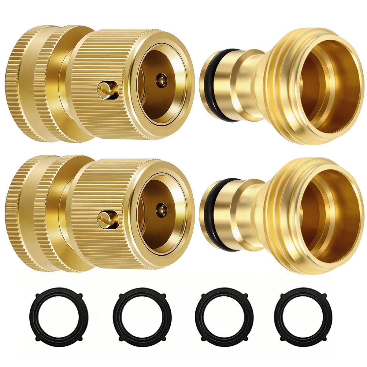 RAINPOINT front view showing two brass quick connect sets and washers, durable finish
