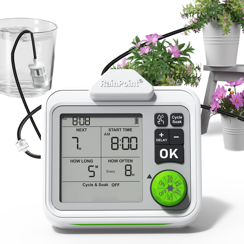 RAINPOINT front panel display showing next watering time and settings for clarity