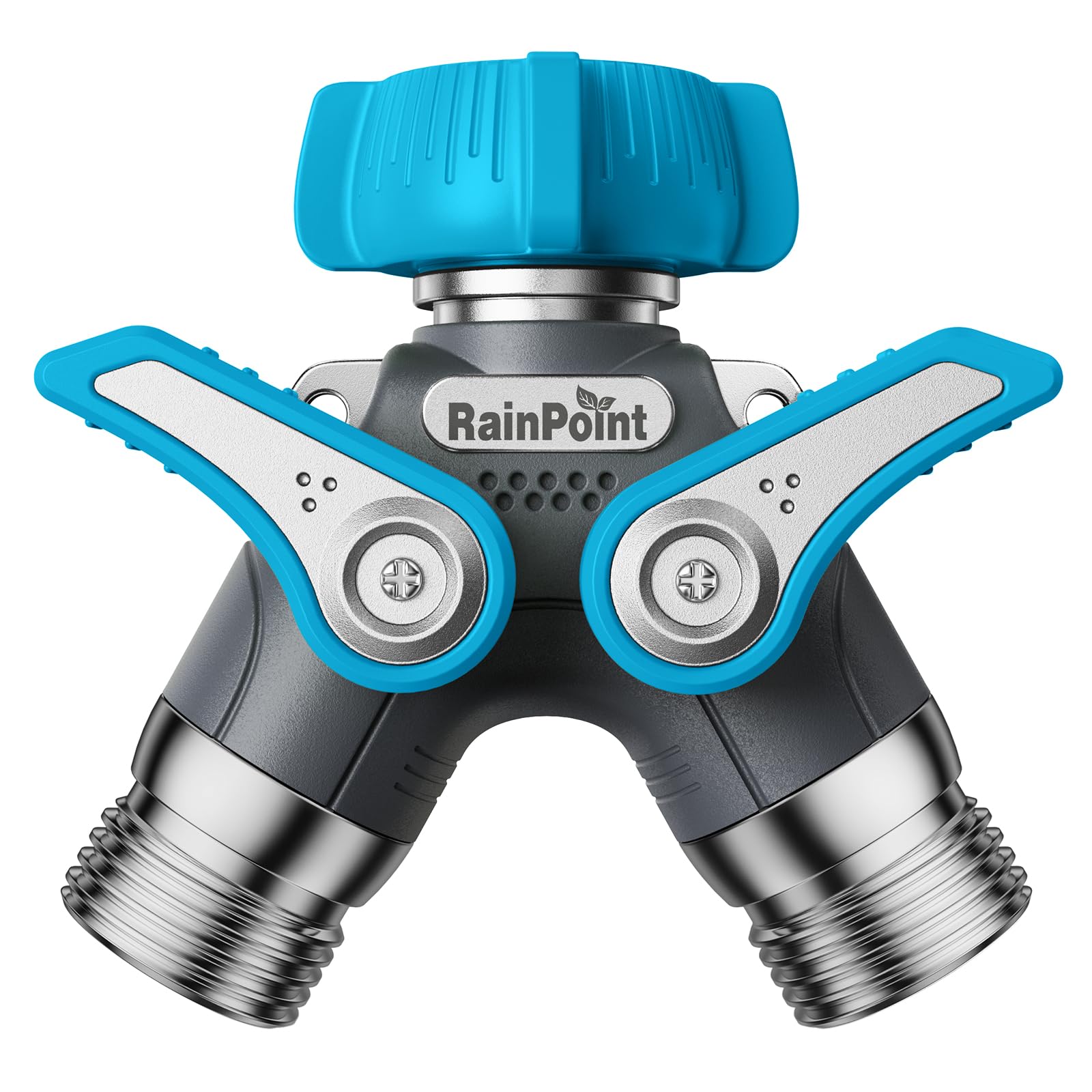 RAINPOINT front view of metal hose splitter showing sturdy dual outlets and metal body for durable outdoor use