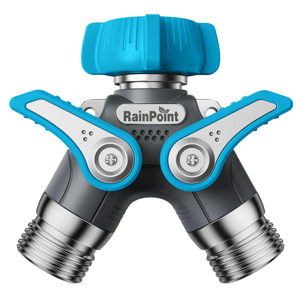 RAINPOINT front view of metal hose splitter showing sturdy dual outlets and metal body for durable outdoor use