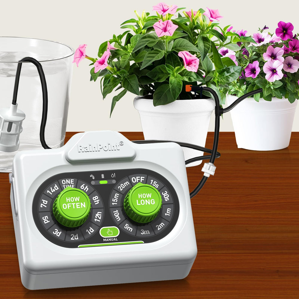 RAINPOINT front view of automatic waterer showing compact design and simple setup benefit