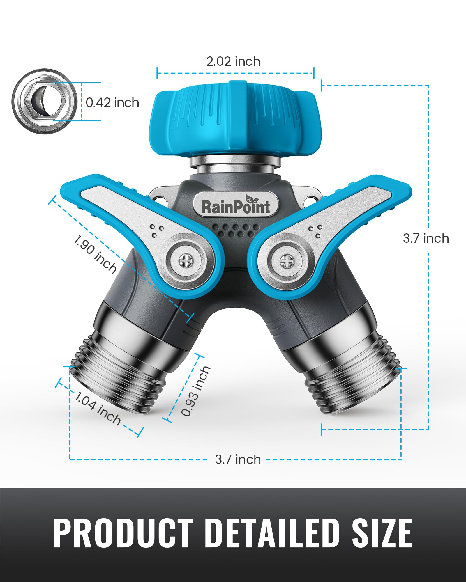 RAINPOINT splitter in a garden setting feeding sprinkler and hose for simultaneous irrigation use