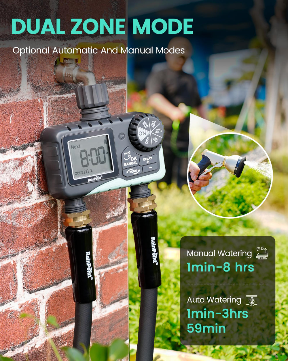 RAINPOINT size comparison with batteries showing compact footprint and portability