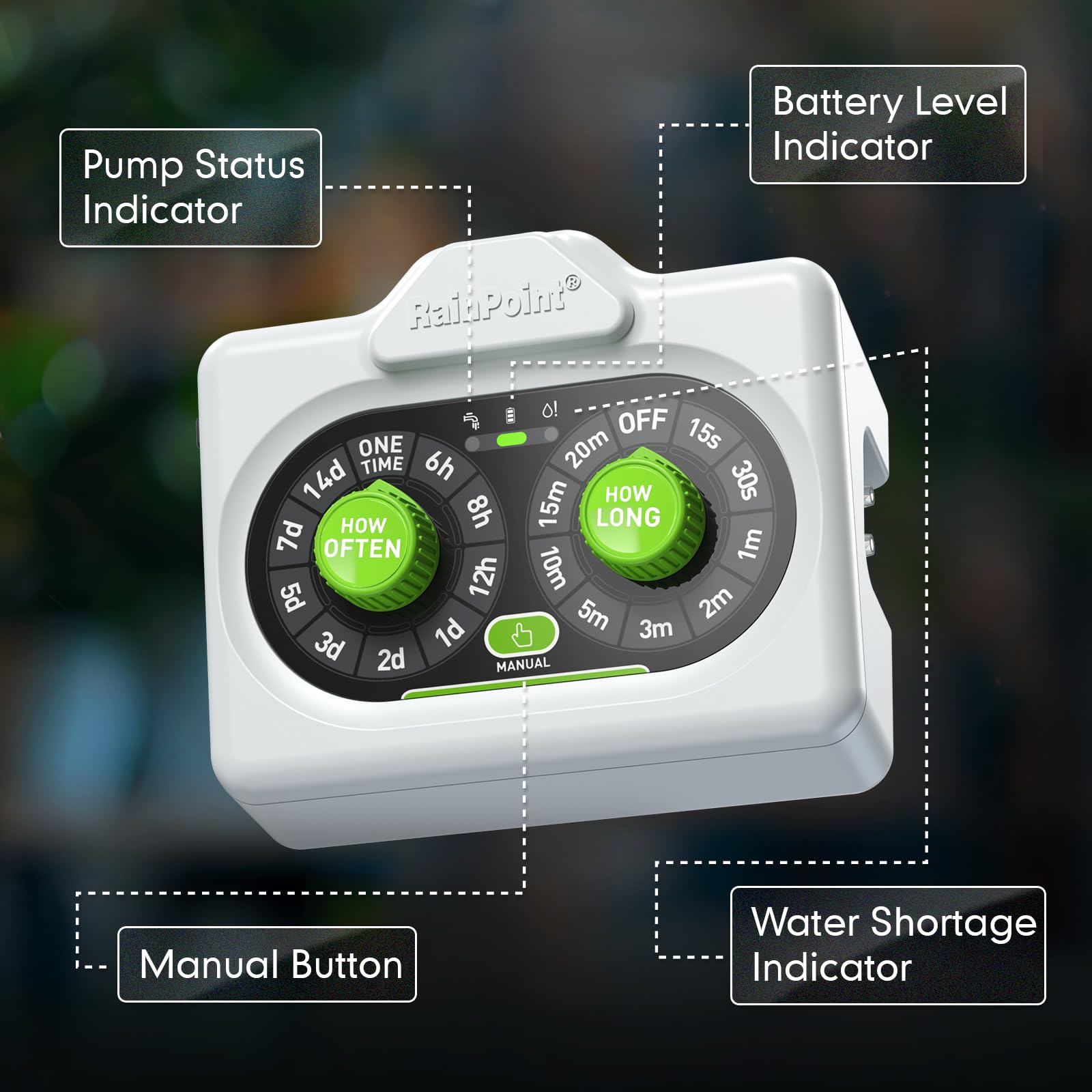 RAINPOINT size comparison with hand to show compact scale and space-saving benefit