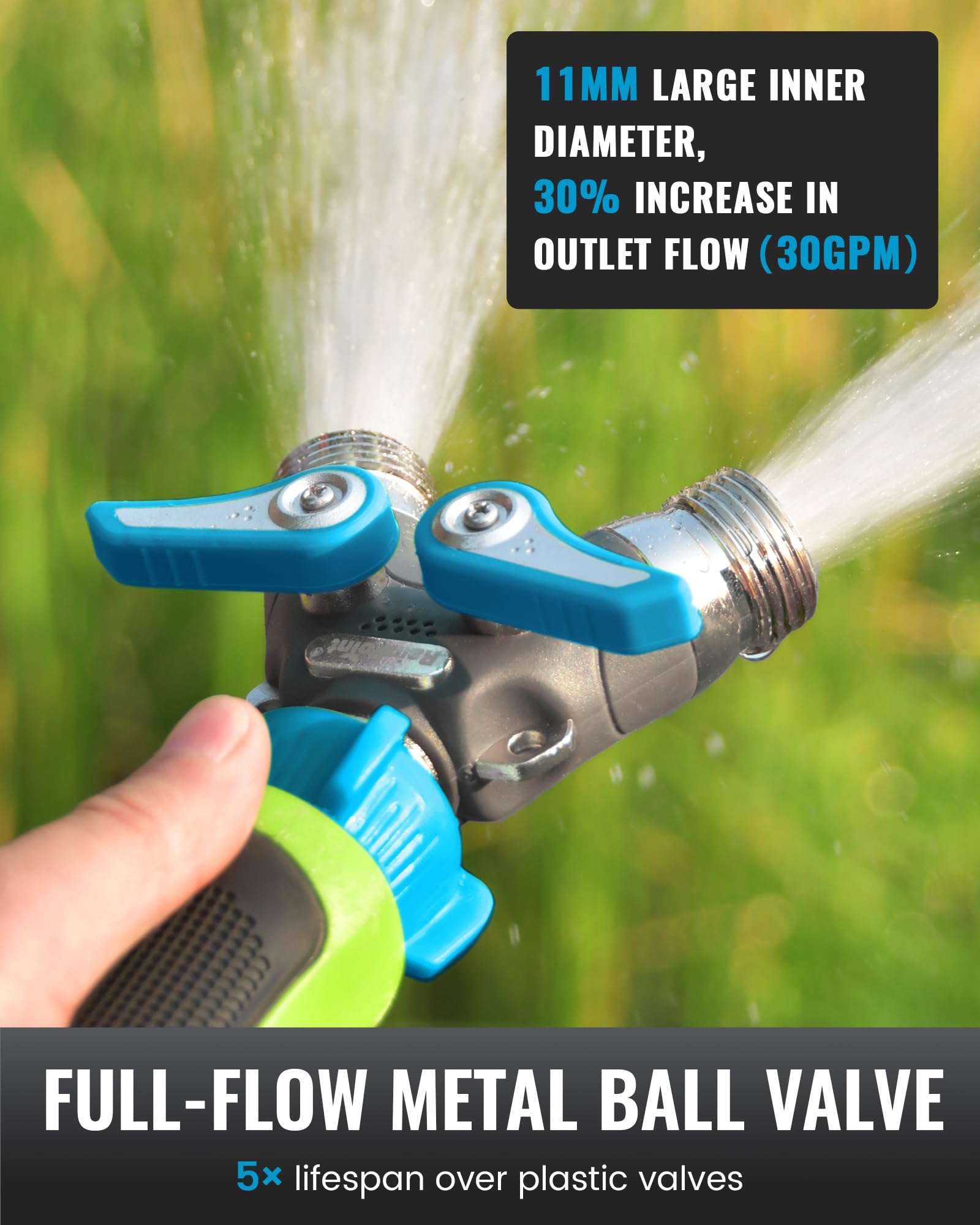 RAINPOINT installed on outdoor spigot with two hoses attached for versatile yard watering convenience