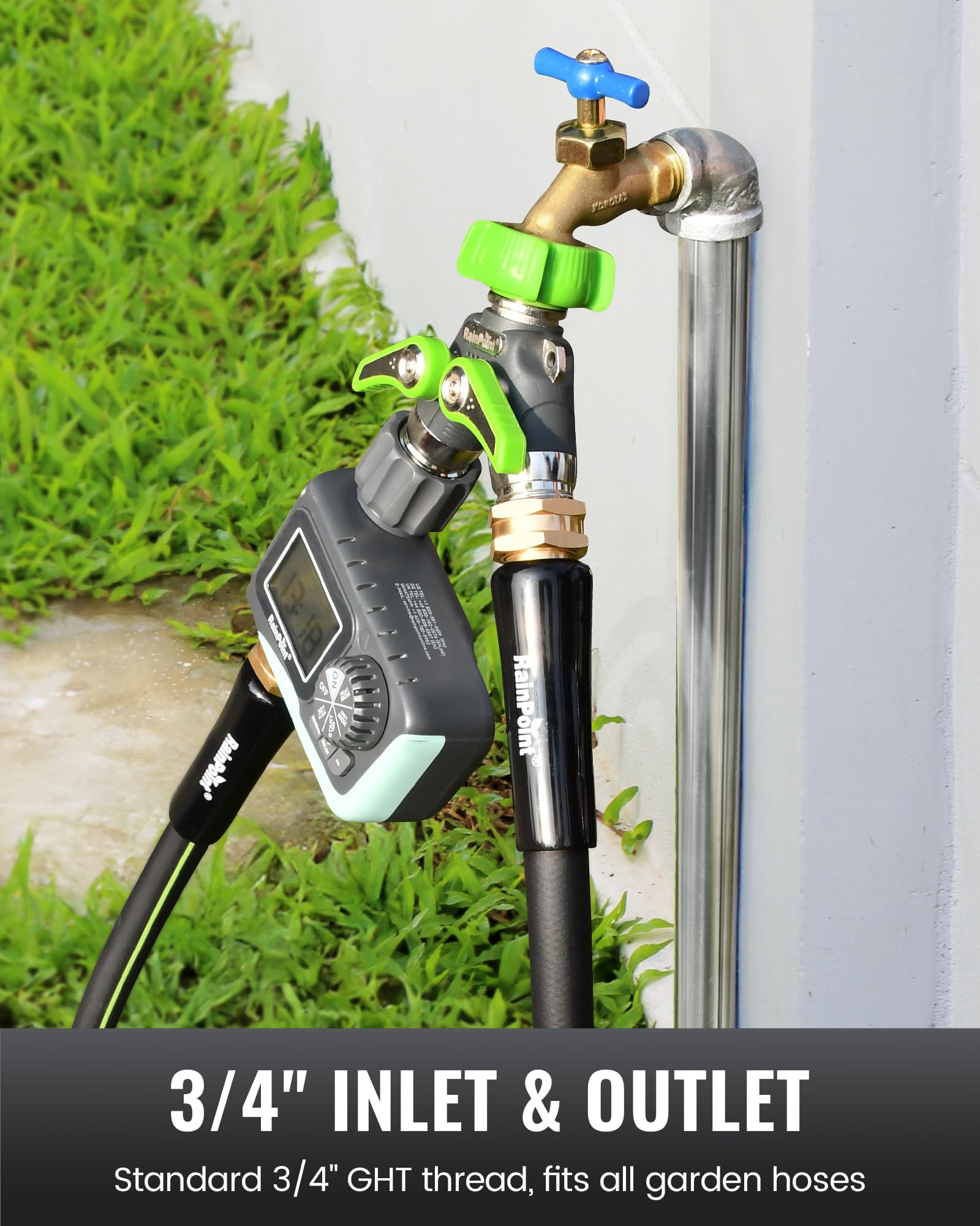 RAINPOINT two hoses connected to splitter supporting simultaneous watering