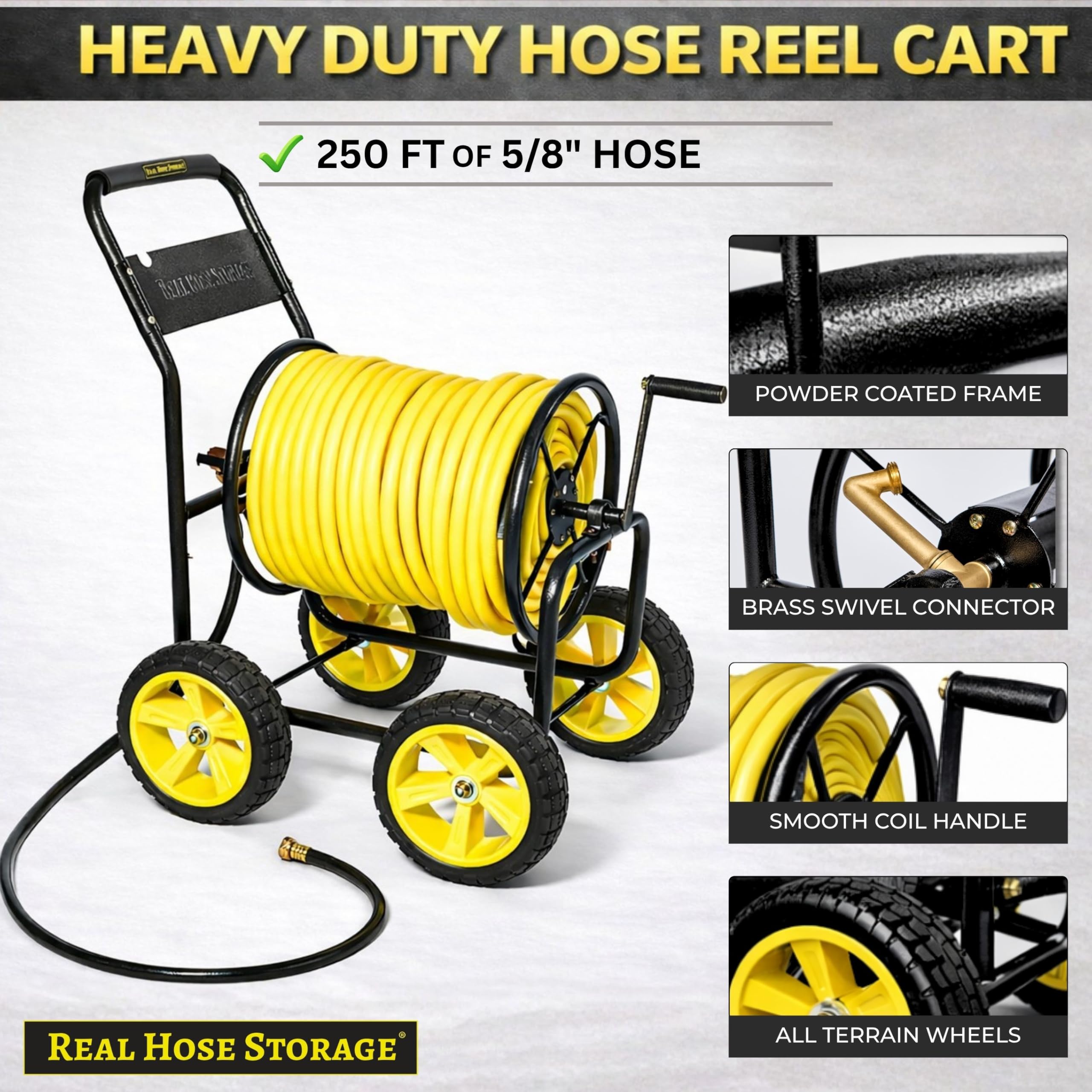 Real Hose Storage crank close-up with ergonomic grip, easier winding