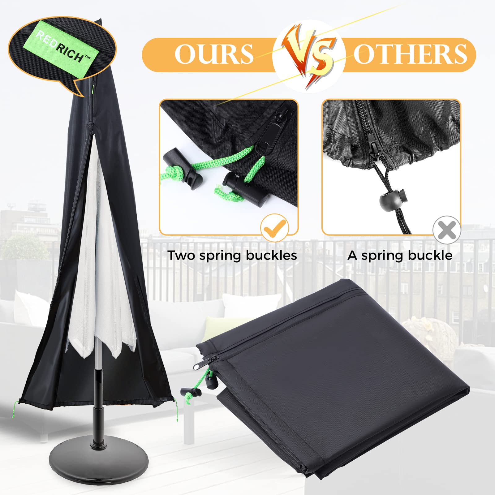 REDRICH cover next to chair showing size fit for 7ft to 11ft umbrella