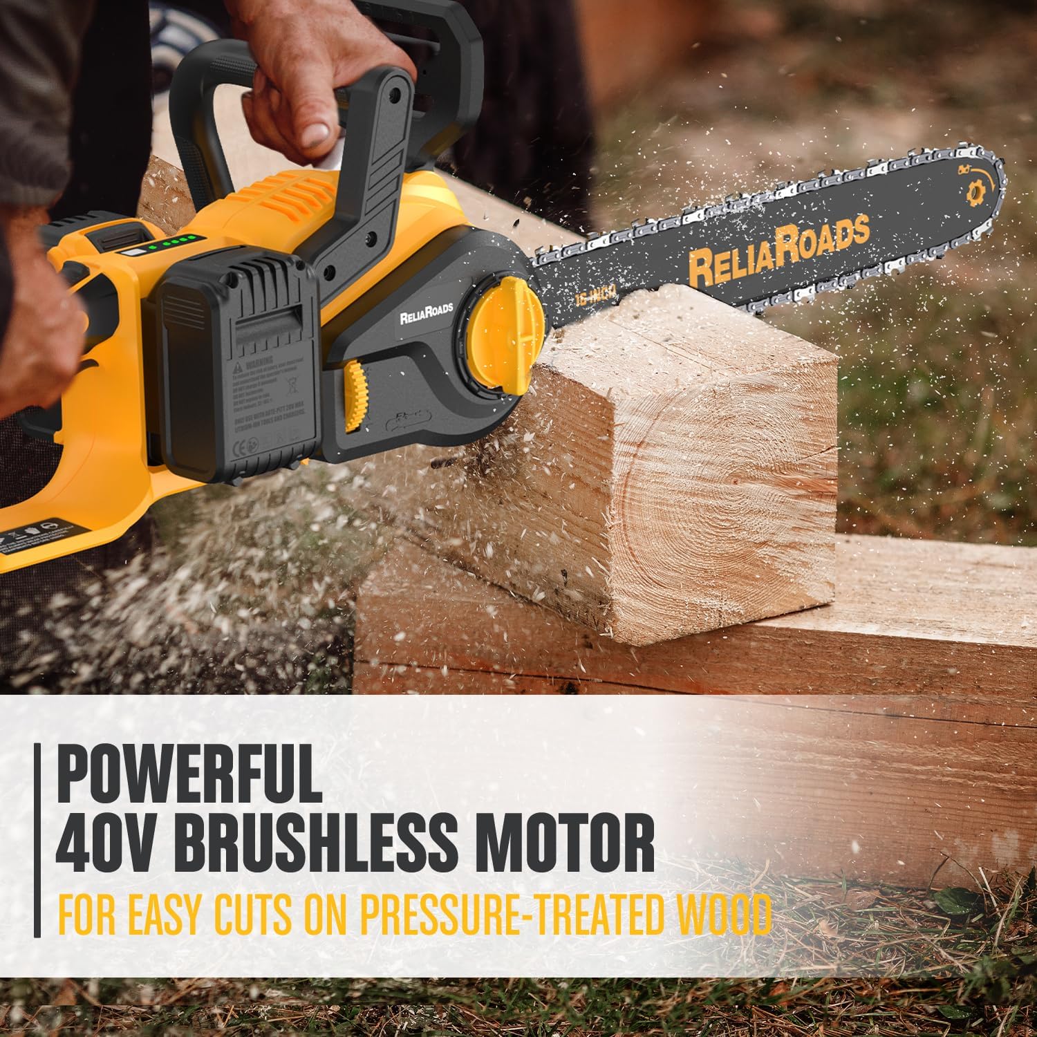 ReliaRoads cutting a thick branch demonstrating fast 54 ft/s chain speed and efficiency