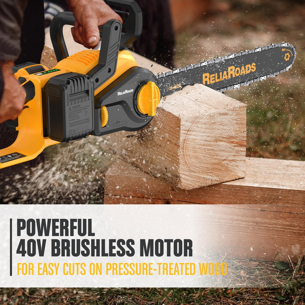 ReliaRoads cutting a thick branch demonstrating fast 54 ft/s chain speed and efficiency