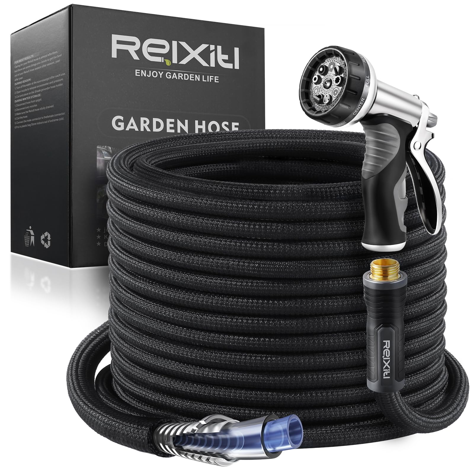Relxitl front packaging showing 25ft hose and nozzle, highlights portability