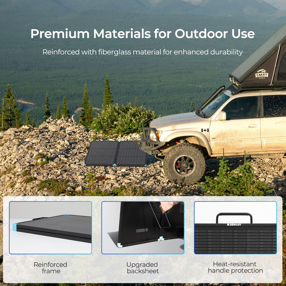 Renogy side profile showing lightweight frame and robust hinge for portability