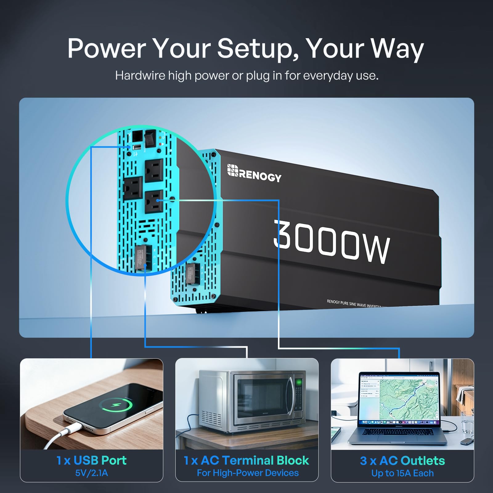 Renogy inverter P2 side fins for cooling, improves heat dissipation and longevity