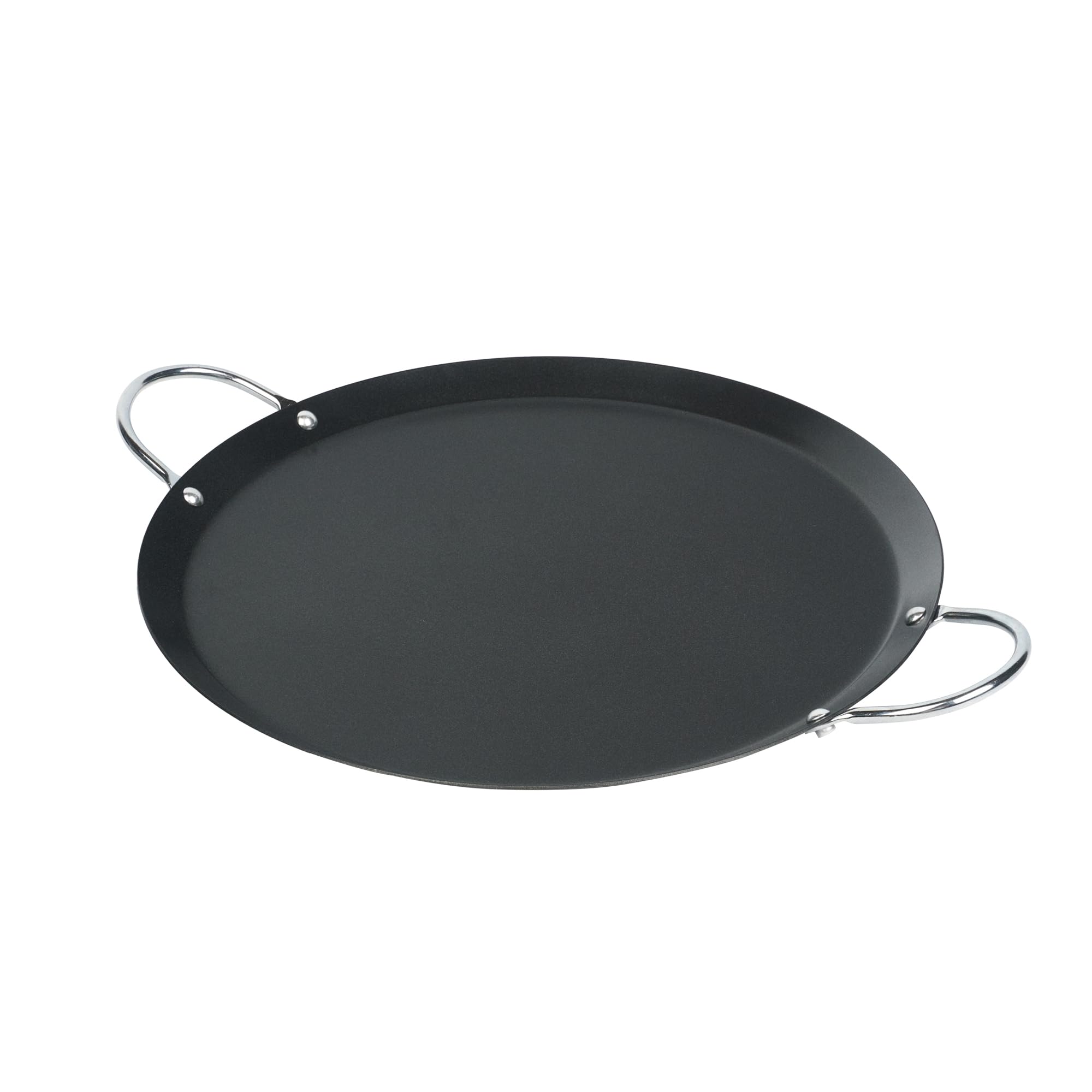 Restaurantware comal front view showing flat cooking surface and chrome handles for stable serving