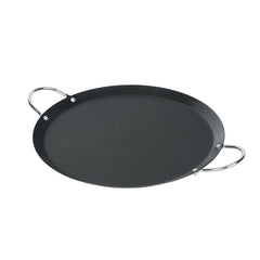 Restaurantware comal front view showing flat cooking surface and chrome handles for stable serving
