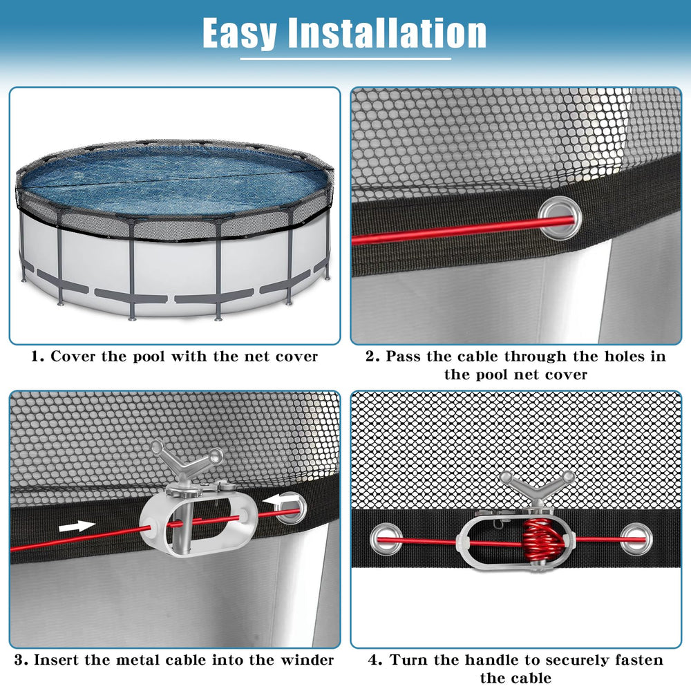 RGJ net installed on above ground pool showing debris kept out for cleaner water