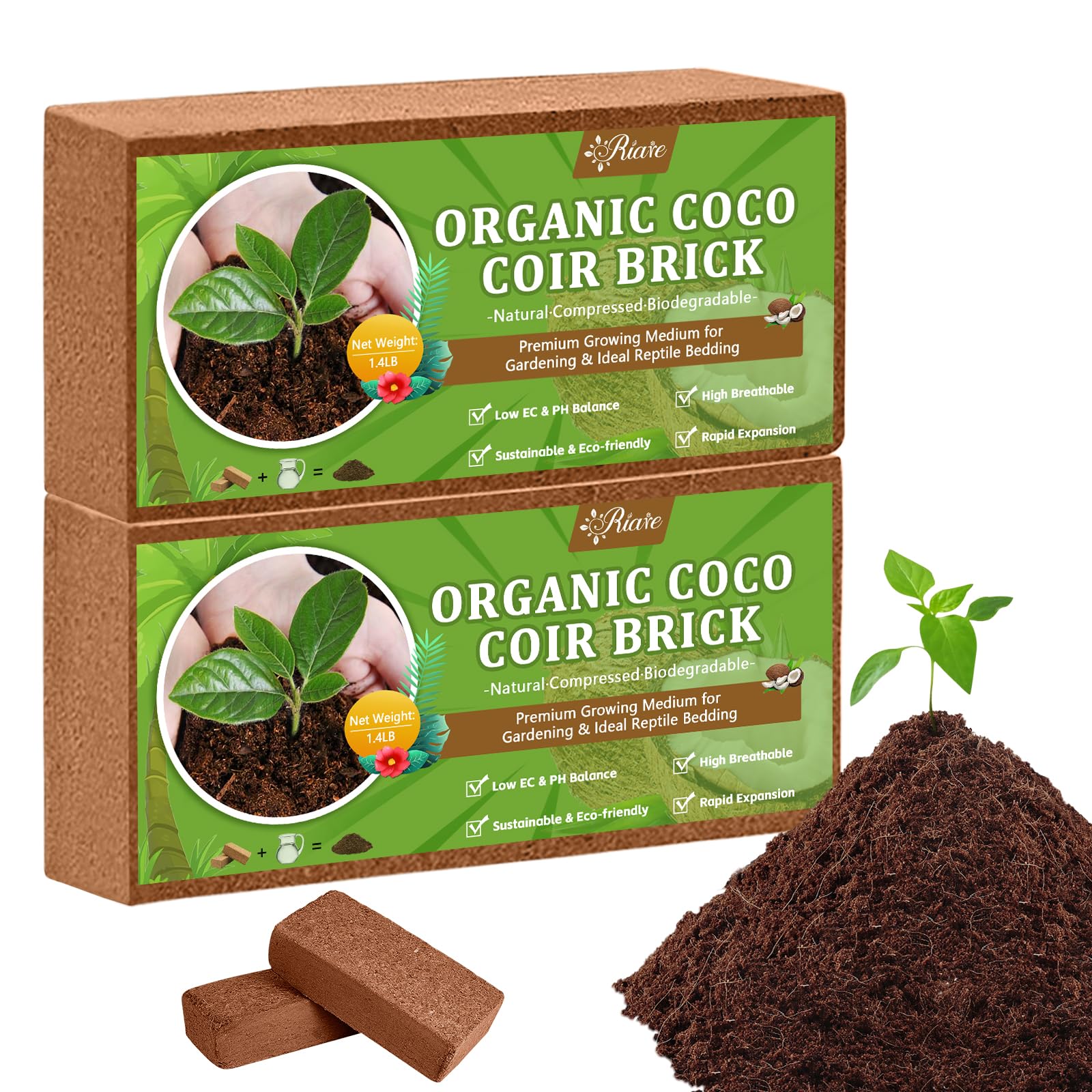 Riare front packaging showing two coco coir bricks and compact storage benefit